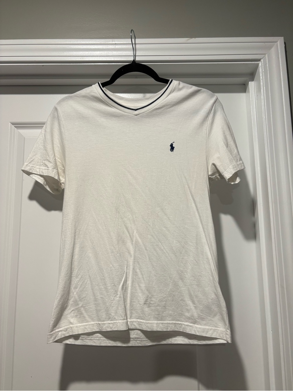 Polo Ralph Lauren V Neck T Shirt Youth Medium (10-12) White/ Navy Blue Pony Logo